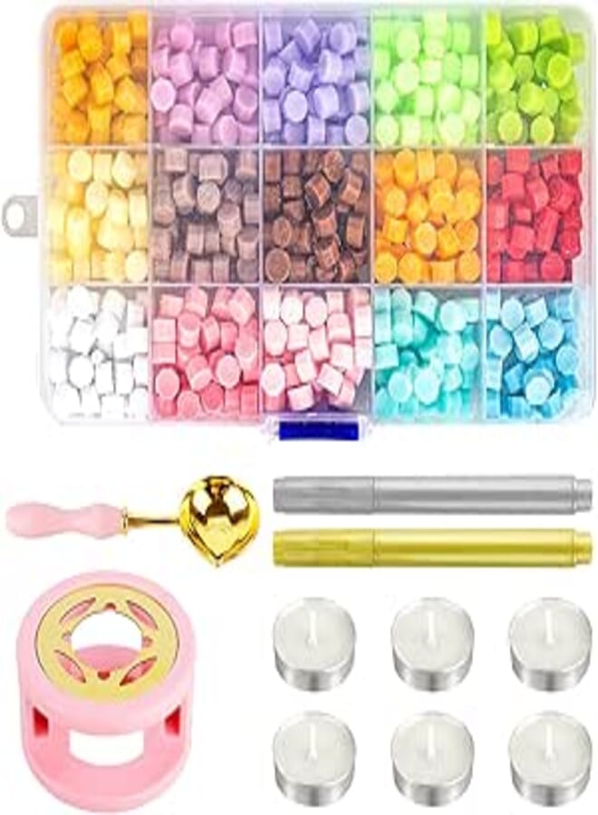 Wax Seal Kit 15 Colors 450 Pcs Wax Sealing Beads with Wax Seal Warmer, Melting Spoon, Candles and Metallic Pens DIY Wax Seal Stamp for Gifts, Letters, Crafts, Wedding Invitation and Decoration Sealing
